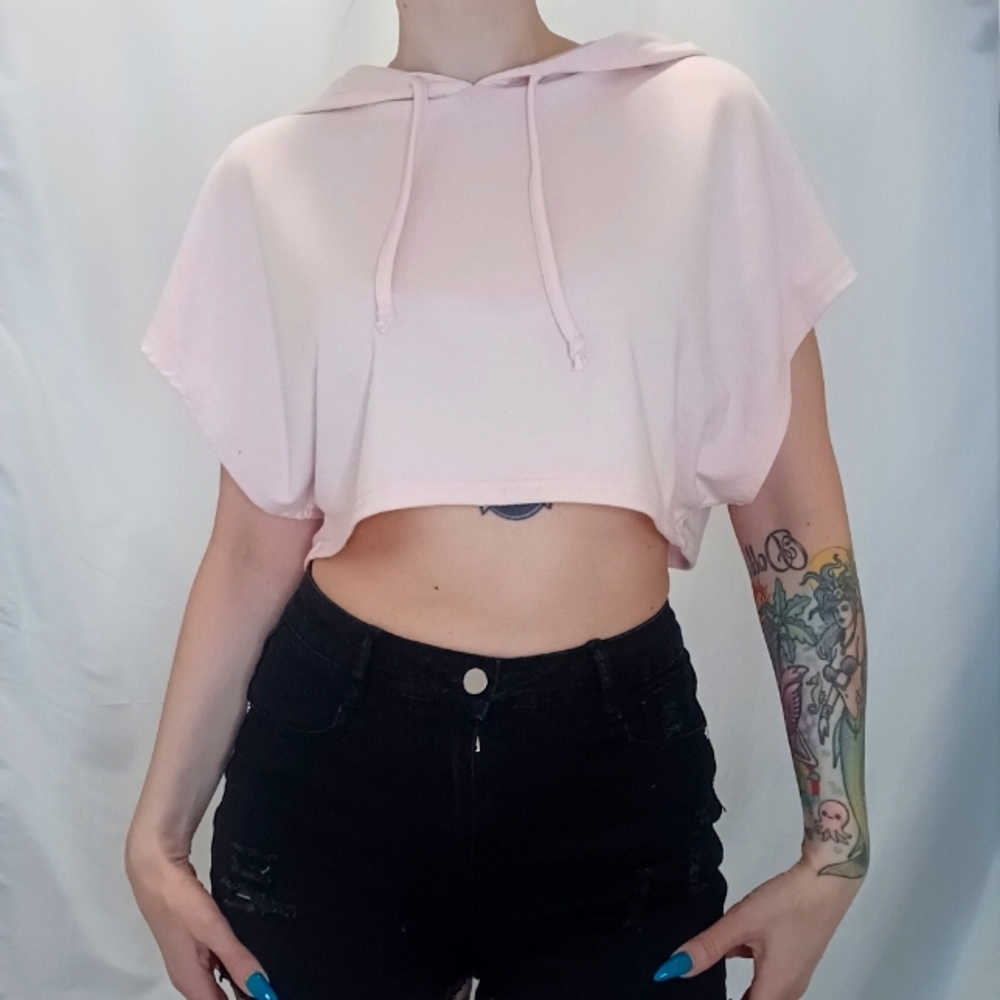 Sirens Revamped Athleisure Baby Pink Polkadot Crop Top Hoodie.